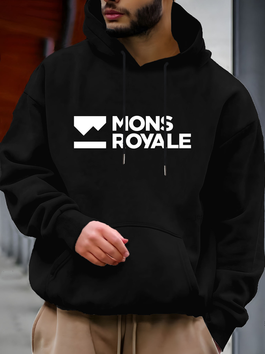 Men'S "MONS ROYALE" Graphic Print Hoodie - Soft Blend, Long Sleeve Pullover with Front Pockets, Beige, Perfect for Fall & Winter, Casua