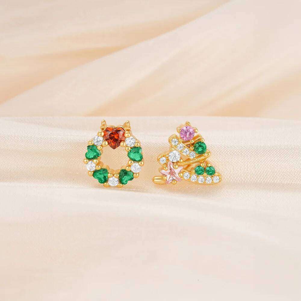 Aide 1PC 925 Sterling Silver Zircon Piercing Earrings for Women Exquisite Colors Christmas Tree Bell Rings Ear Studs Jewelry