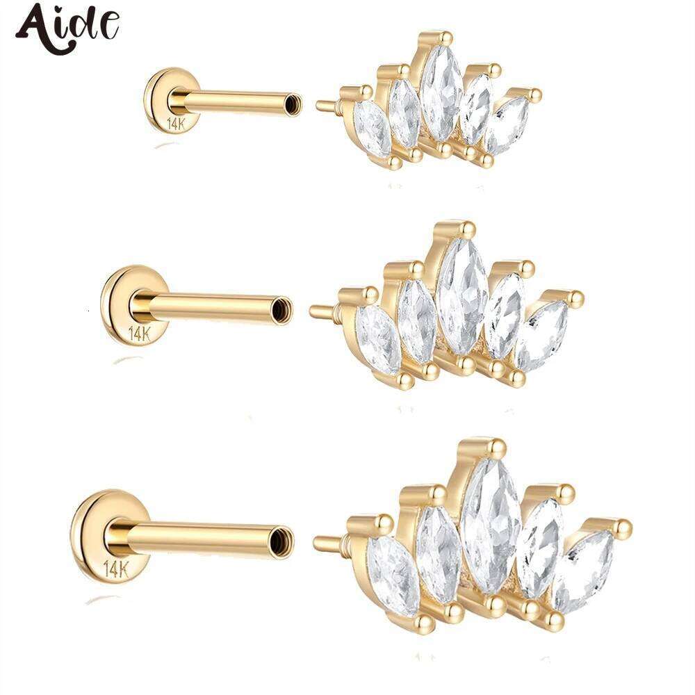 Aide1pc 100% 14K Solid Gold Multiple Sizes Zircon Stud Earring Simple Minimal Piercing Bone Ear Studs Vintage Fine Jewelry
