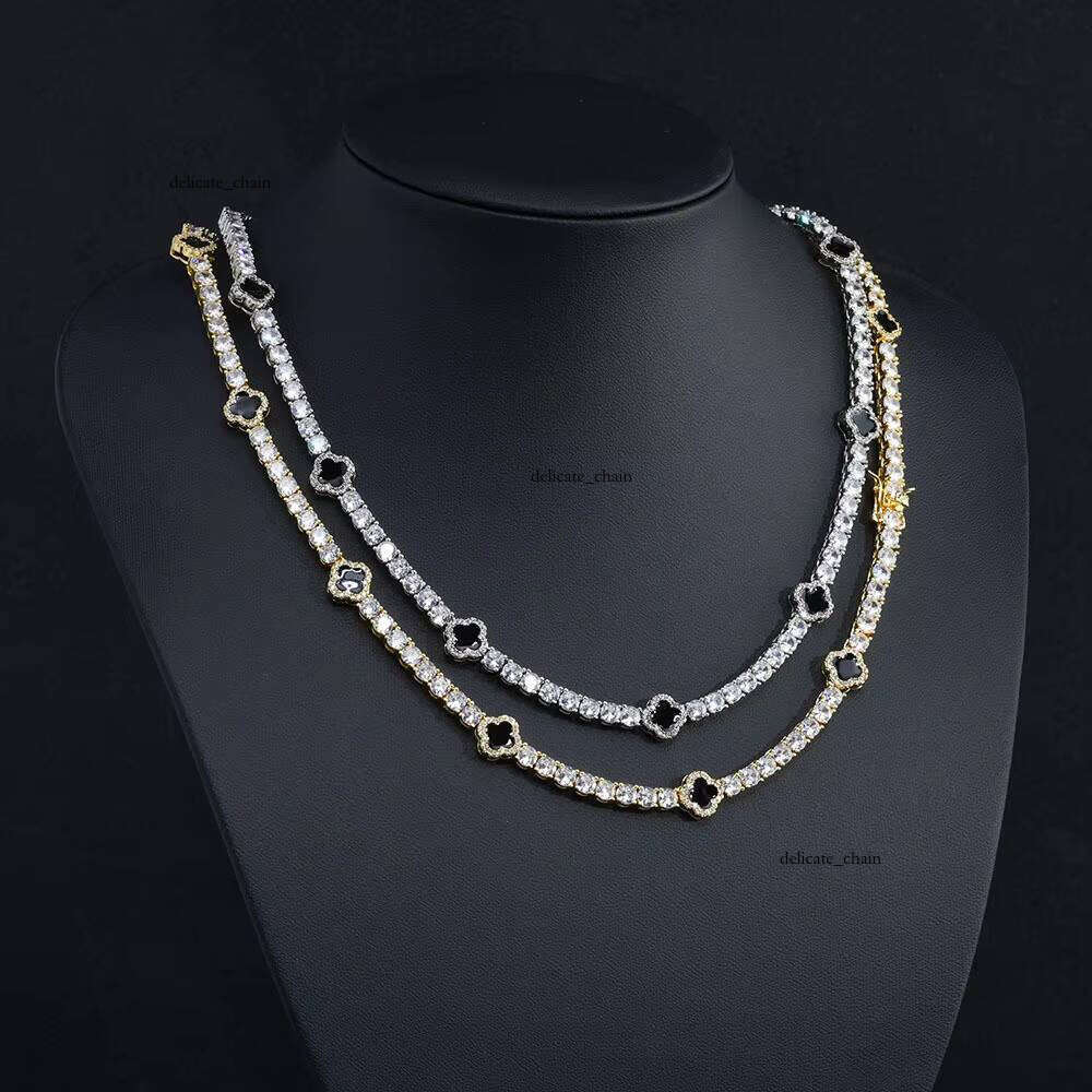 VVS Moissanite Women's Exquisite S925 Silver Silicon Stone Custom Chain 4mm Clover Necklace Fashion Hip-Hop Style Gift
