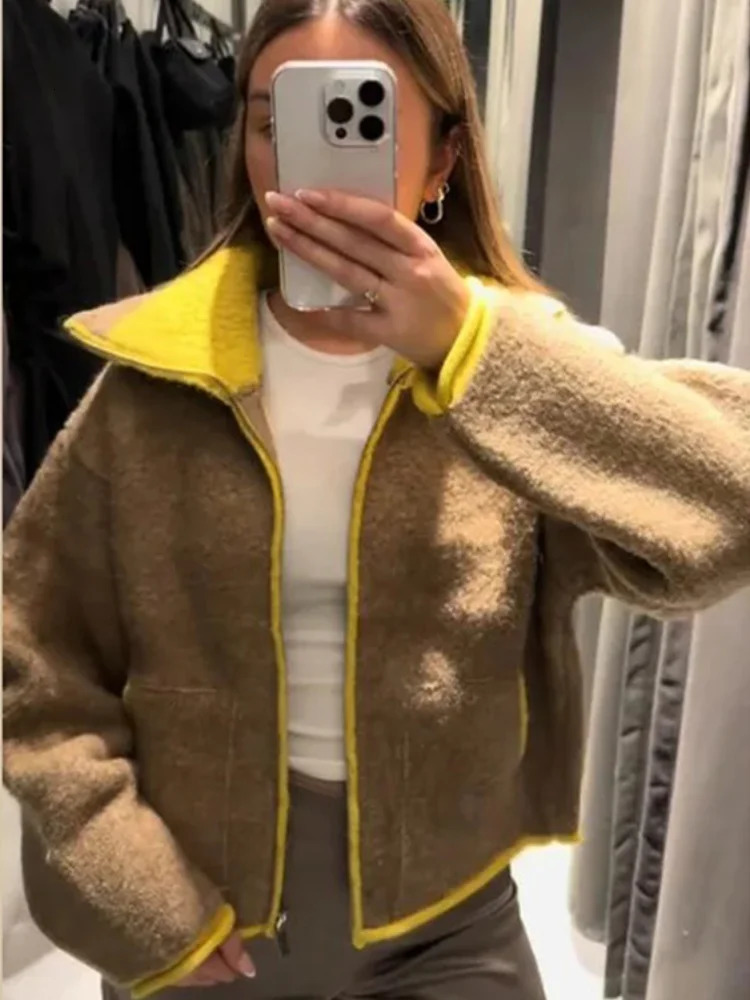 Casual Knitted Short Cardigan Women Chic Stand Collar Zipper Full Sleeves Pockets Loose Sweater Lady Winter Daily Outwear 251229