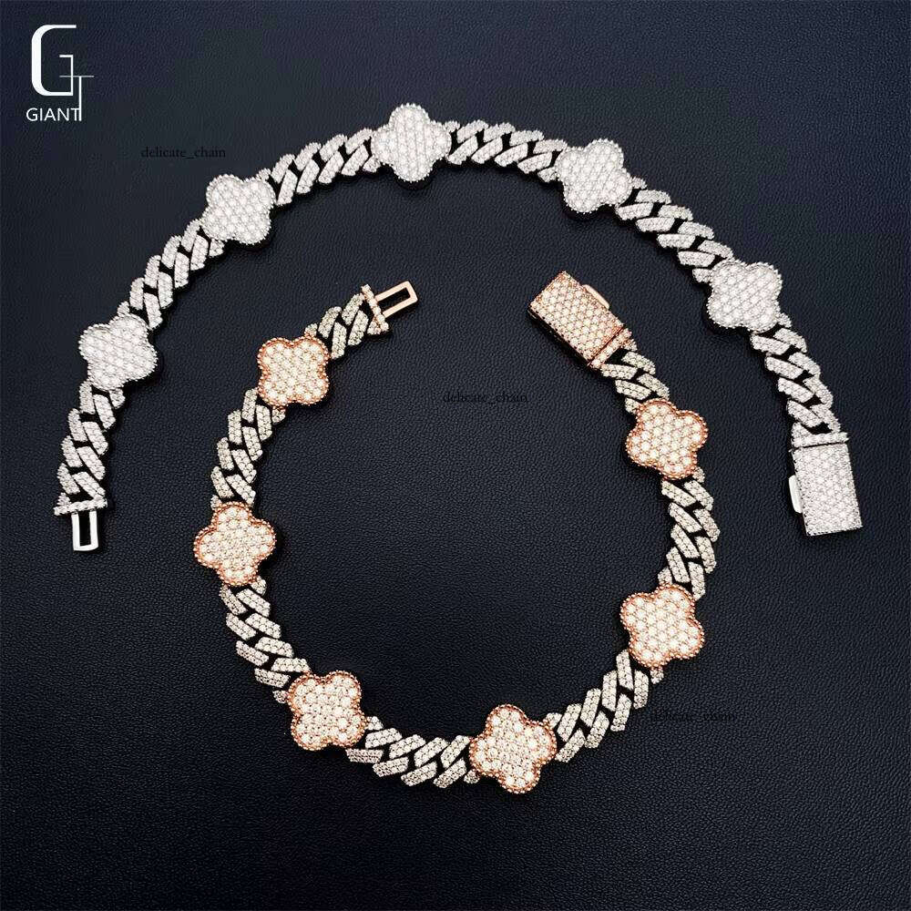 Fashion Four-Leaf VVS Moissanite Cuban Chain 925 Iced Rose Gold + Silver Hip-Hop Necklace Bracelet Best Gift