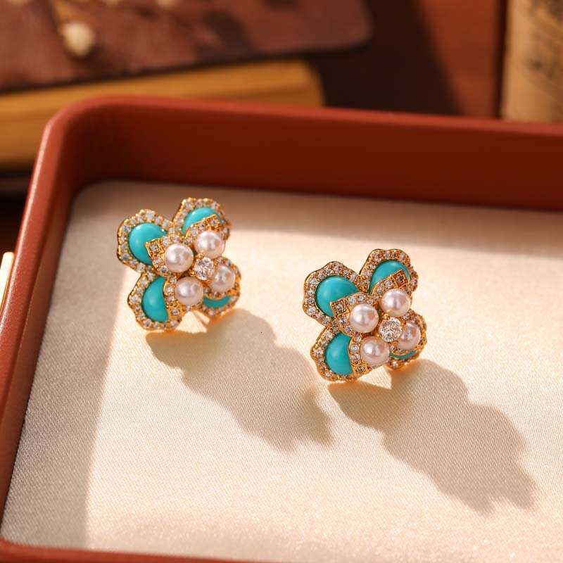 New Chinese Style Blue Turquoise Pearl Stud Three-Dimensional Four-Leaf Flower for Women Niche High-End Elegant Fashion Earrings
