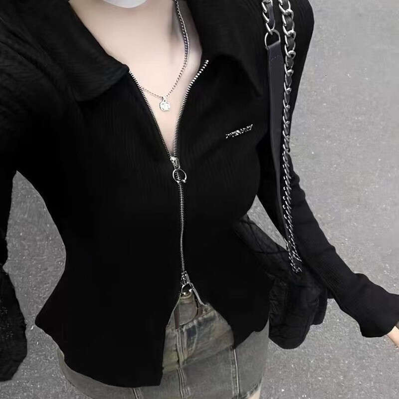Spring and Autumn Pure Desire Slim Fit Design Sense Niche Zipper Hot Girl Top Women Polo Collar Slimming Temperament Long Sleeve T-Shirt