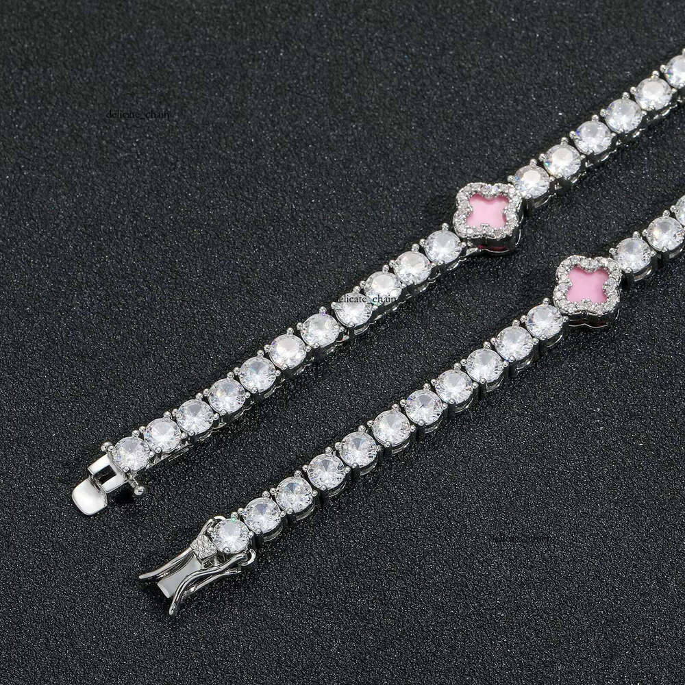 VVS Moissanite 4mm New Design Luxurious Pink Gold Plated Four-leaf Clover Iced Tennis Chain Necklace Fashion Women's Jewelry