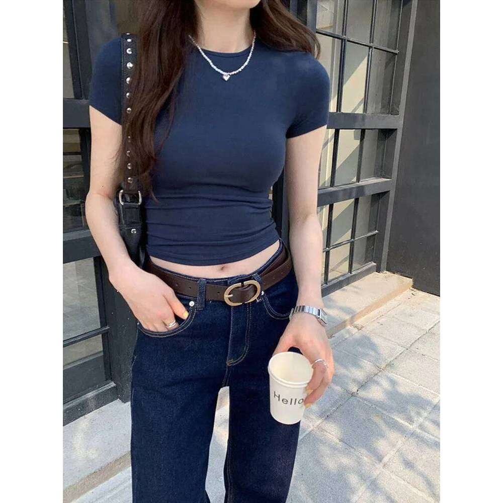 American style spicy girl shoulder T-shirt for women in summer 2025, tight fitting and slimming top, basic elastic short s