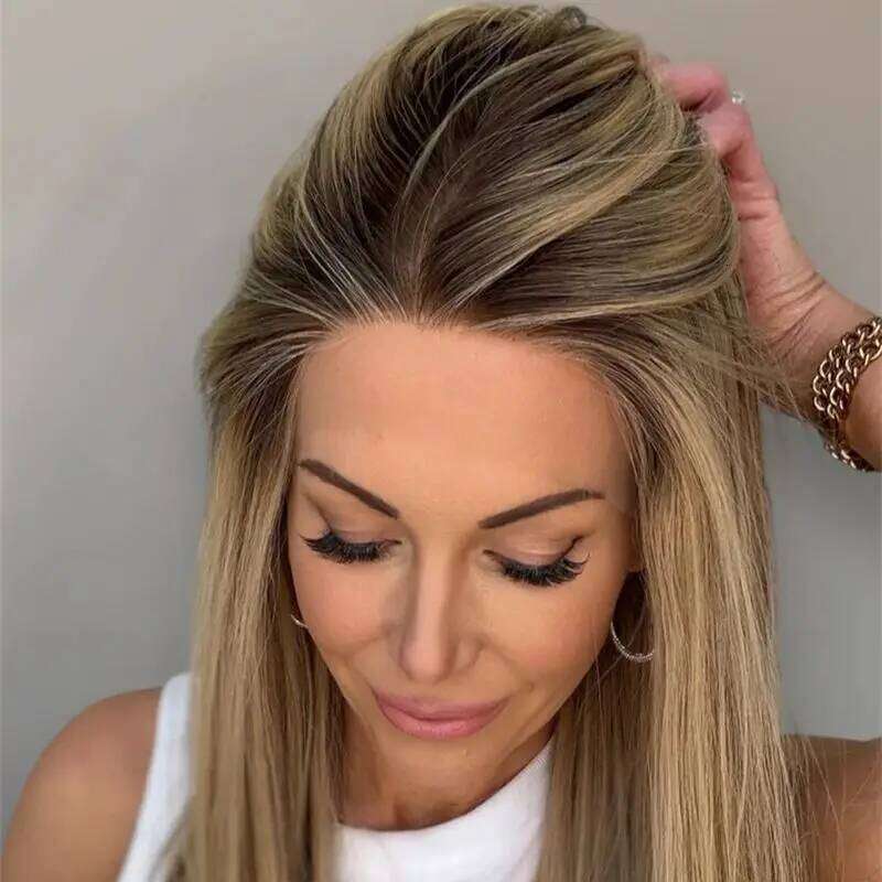 Natural Peplucked Hairline 13x4 Ombre Brown Blonde Balayage Short Straight Bob High Quality Synthetic HD Lace Front Wig 14''