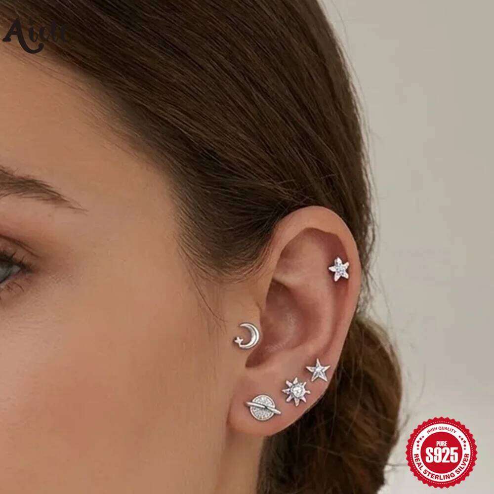 Aide 4pcs Geometric 925 Sterling Silver Earring Set Simple Shiny Star Moon Zircon DIY Mixed Earrings For Women Fine Jewelry