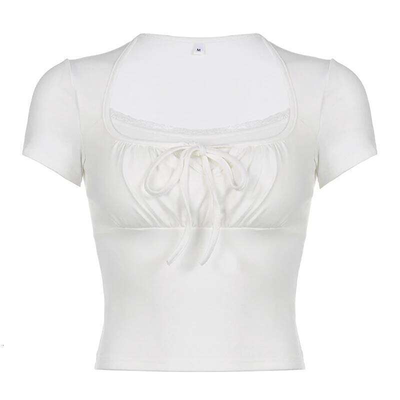 Casual White Knitted Lac Patched Female T-shirts Y2K Korean Style Slim Tie Up Shirring Summer Top Tee Folds Outfits