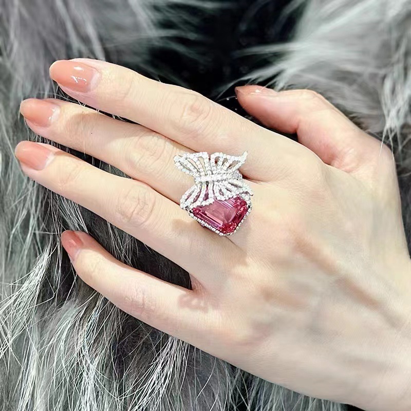 Luxury Brand Designer Jewelry New Colorful Pink Diamond Butterfly Ring For Women, Ins Trend, Minimalist Style, Open Full Diamond Ring, Elegant Versati