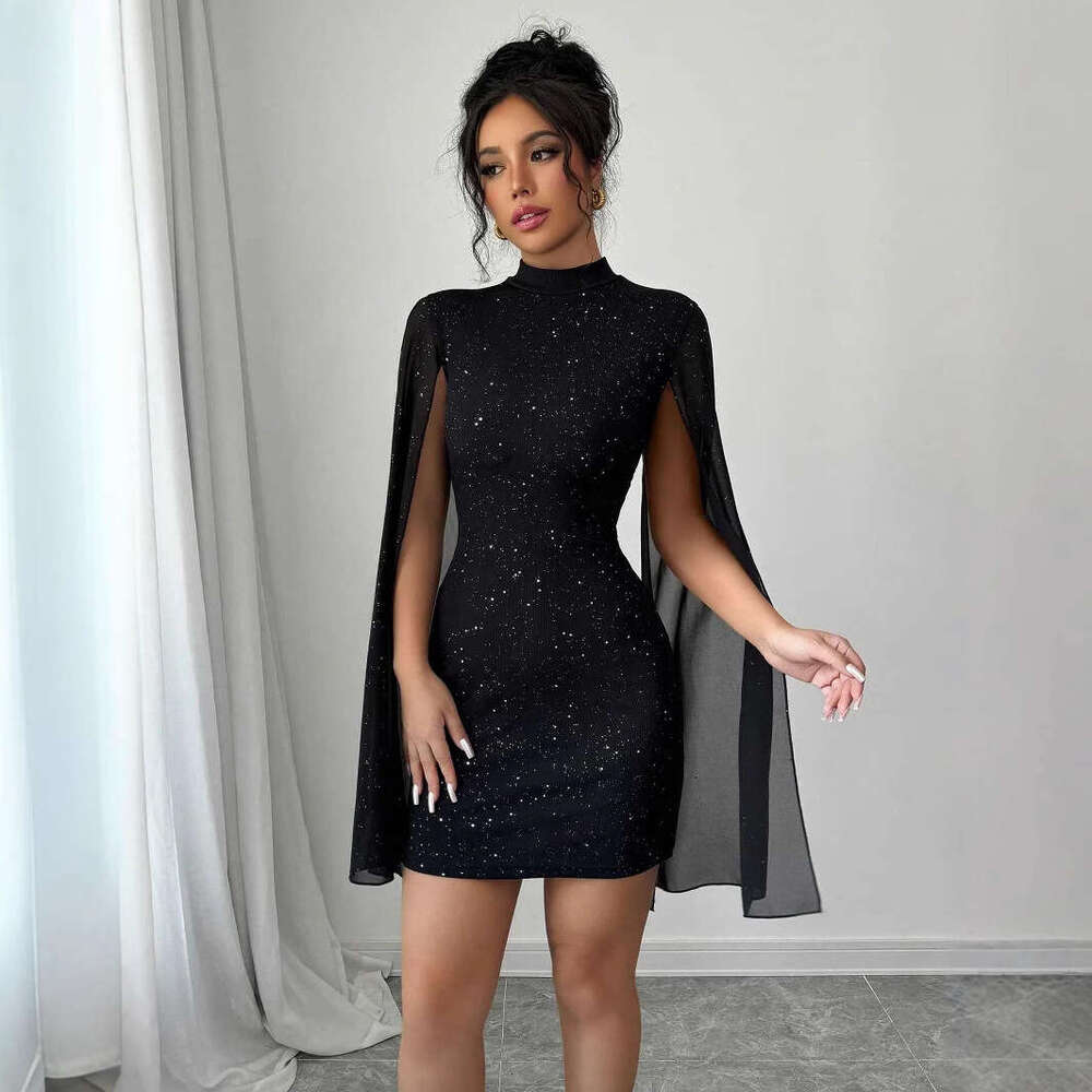 European and American Style Women's Shiny Printed High Neck Lantern Sleeve Tight Sexy Hot Girl Party Bodycon Dress