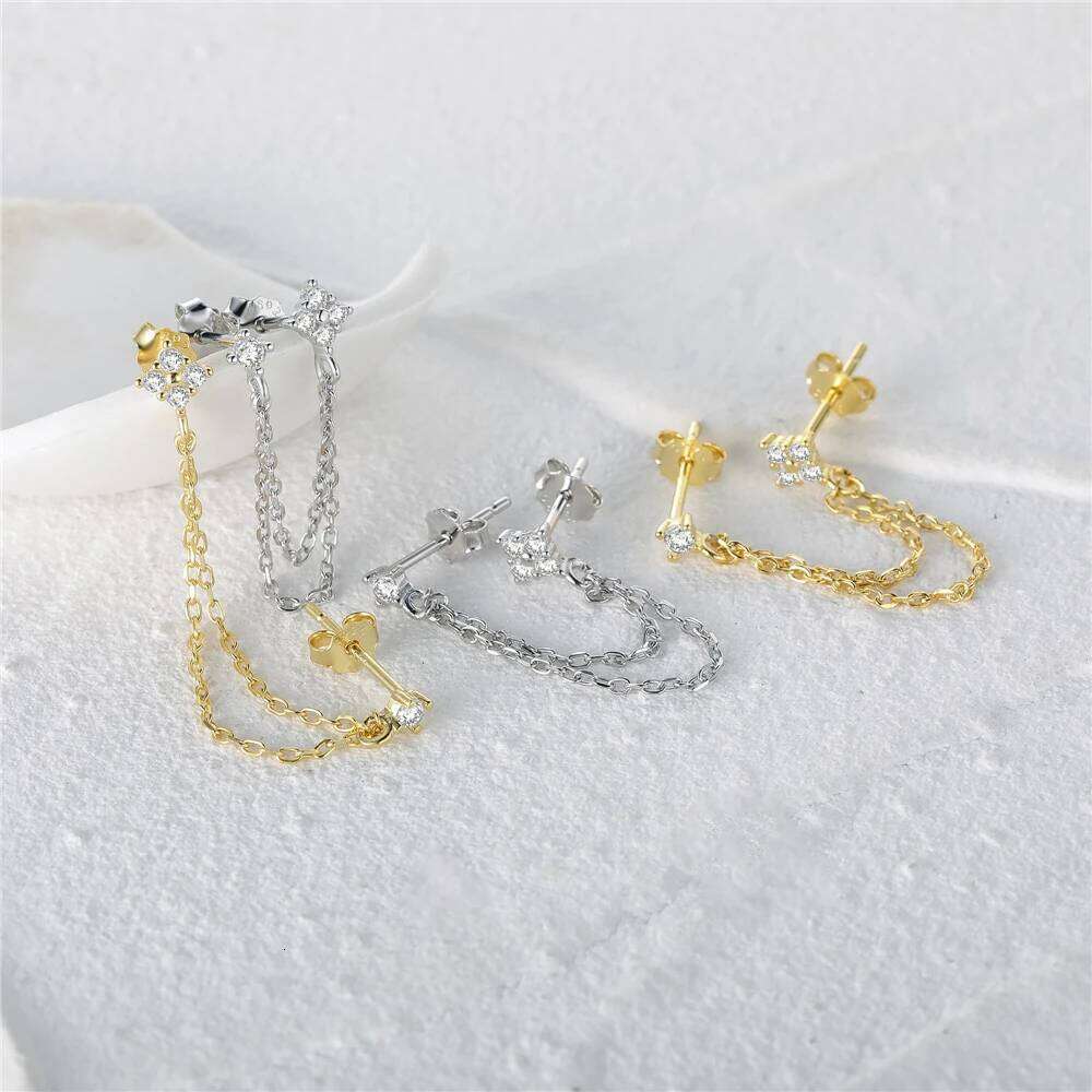 Aide 925 Sterling Silver Double Studs Three Clear Zircon Small Chain Tassel Earrings For Women Ear Piercing Luxury Fine Jewelry
