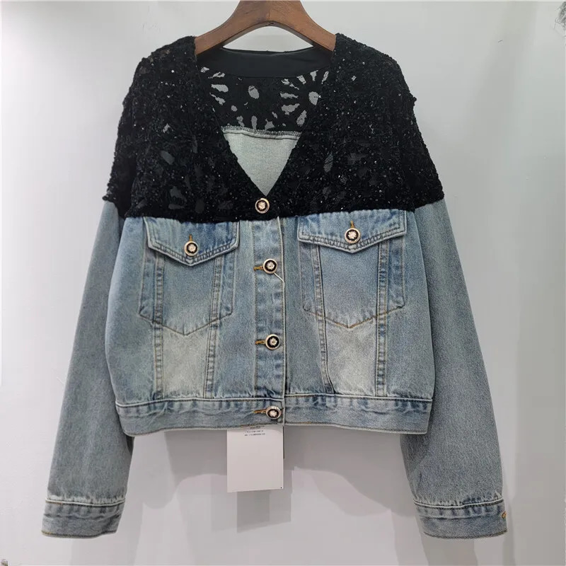 DEAT Womens Denim Jackets Vneck Patchwork Sequins Long Sleeve Perspective Shoulder Coats Summer Fashion 29A968 251229
