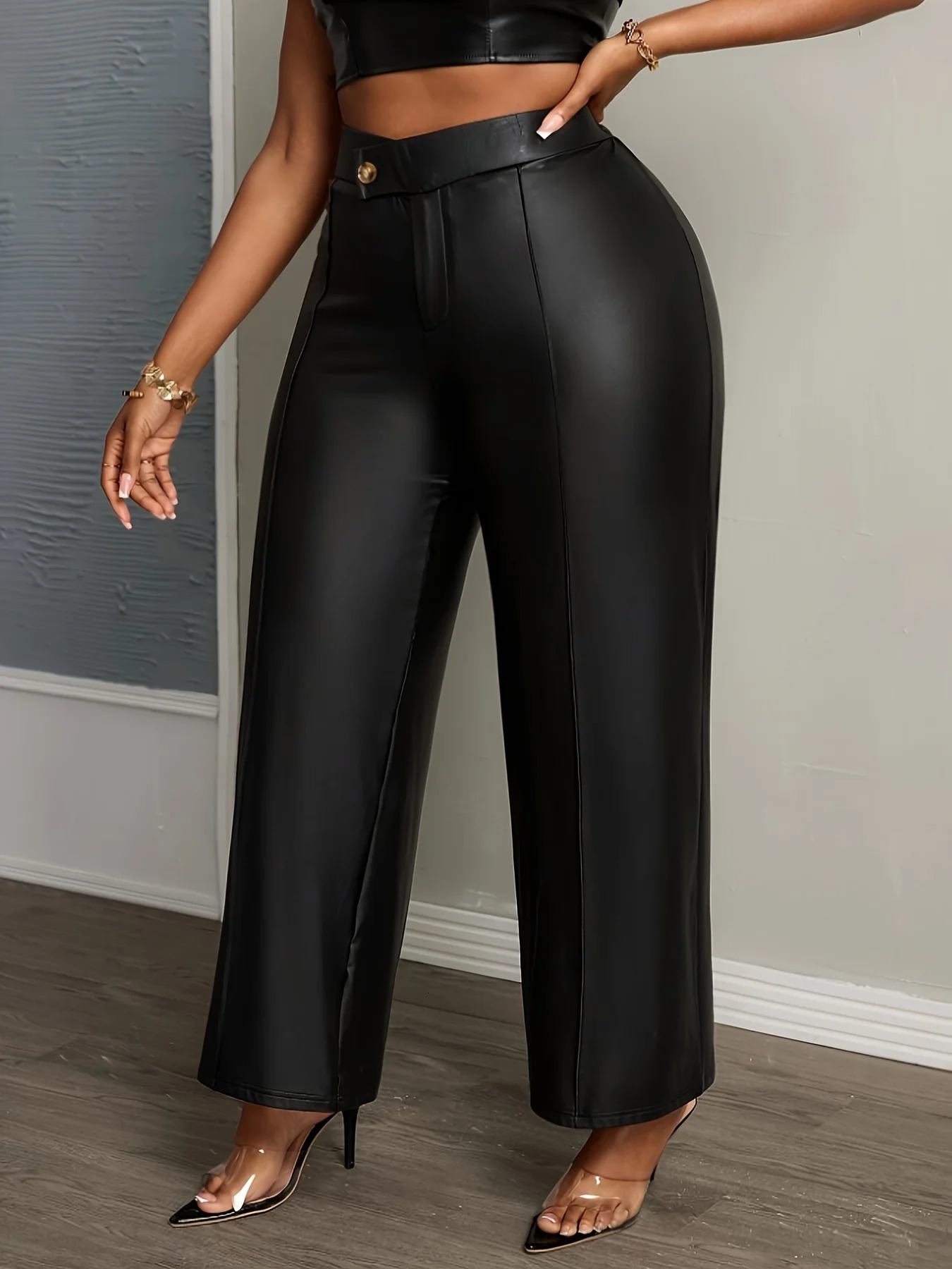 Plus size vintage cool pants black PU leather wideleg trousers highwaisted buttoned to slim and show long legs 251231
