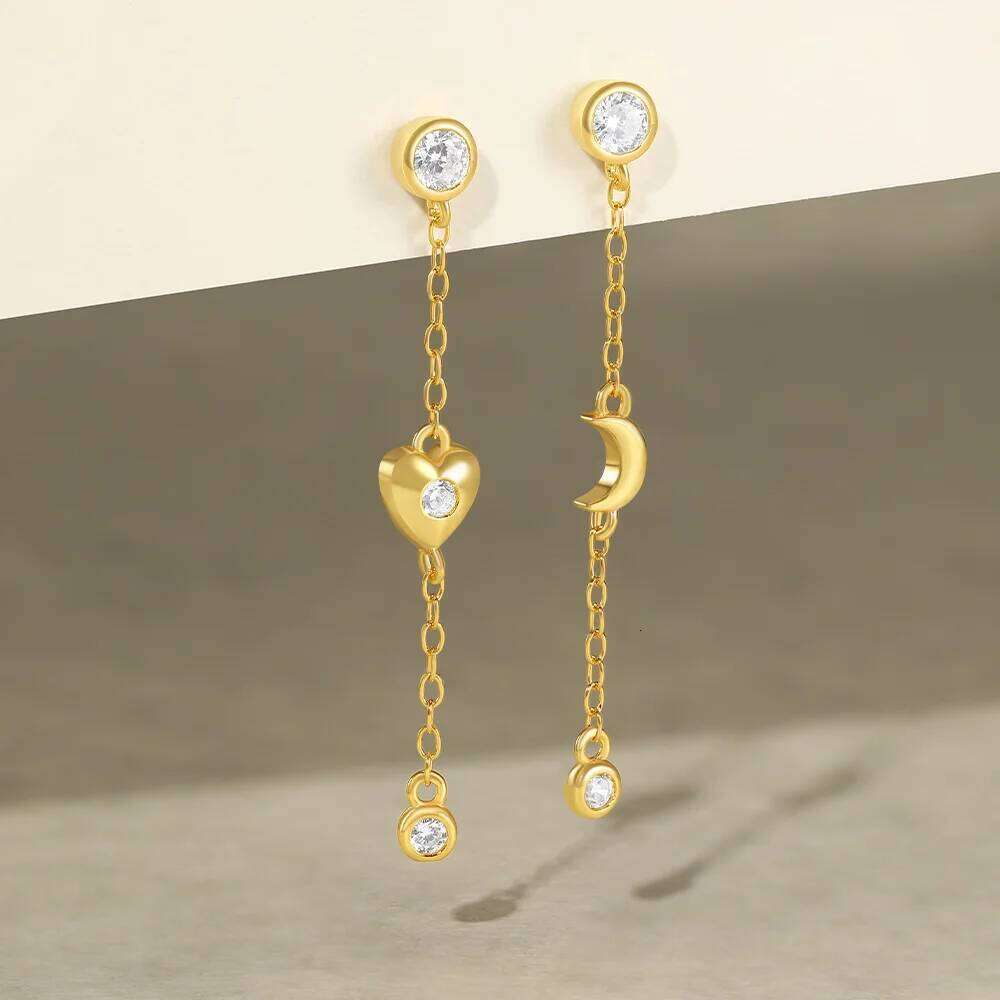 Aide 925 Sterling Silver Crystal Zirconia Moon Heart Stud Earrings Delicate Chain Dangles Ear Buckle Cartilage Piercing Jewelry
