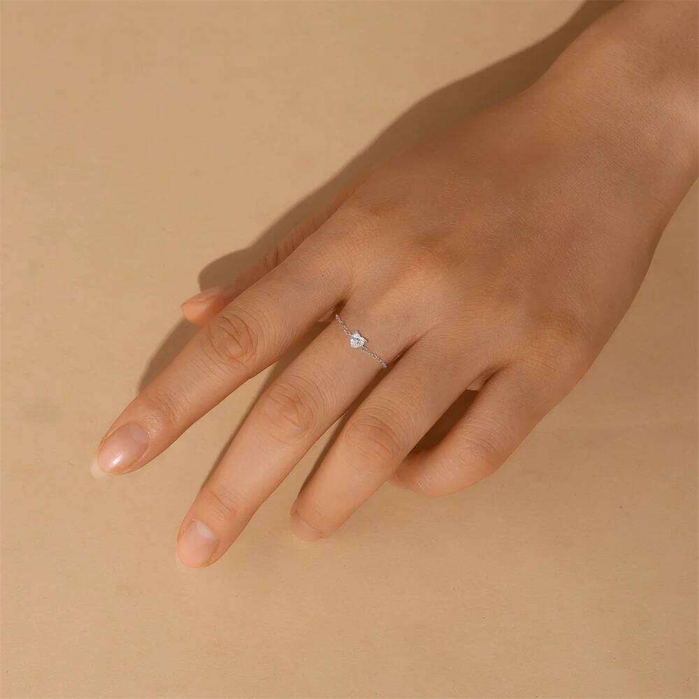 Aide S925 Sterling Silver Real Moissanite Adjustable Ring Heart Square Bead Chain Rings for Women Dainty Stackable Jewelry
