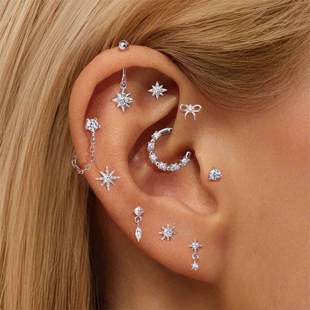 Aide S925 Sterling Silver Bow Multi-Style Stud Earring Moissanite Piercing Bone Studs Chain Dangles Layered Ear Jewelry