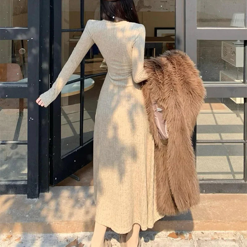 Smvp Elegant Slim High Waist Knit Dresses Women Autumn Winter Long Sleeve Thick Warm Dress Vintage Streetwear Vestidos 251231