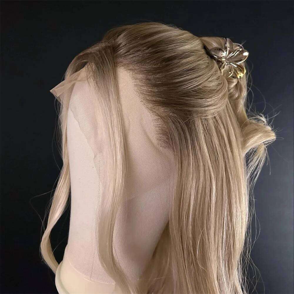 Blonde Balayage Front Free Part HD Lace Wig Realistic Look Dark Brown Roots Natural Wavy Synthetic Heat Resistant Fiber