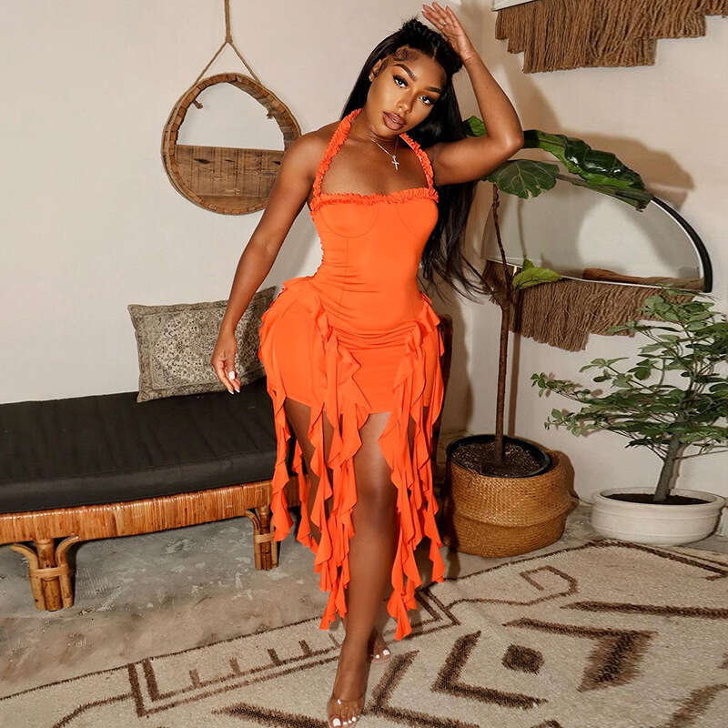 2026 New Women's Fashion Sexy Halter Neck Sleeveless Backless Irregular Dress Wholesale