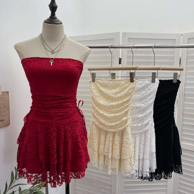 Real Shot Vintage Lace Patchwork Waist-Cinching Strapless Sexy Collarbone-Exposing Tiered Petite Short Dress 1272