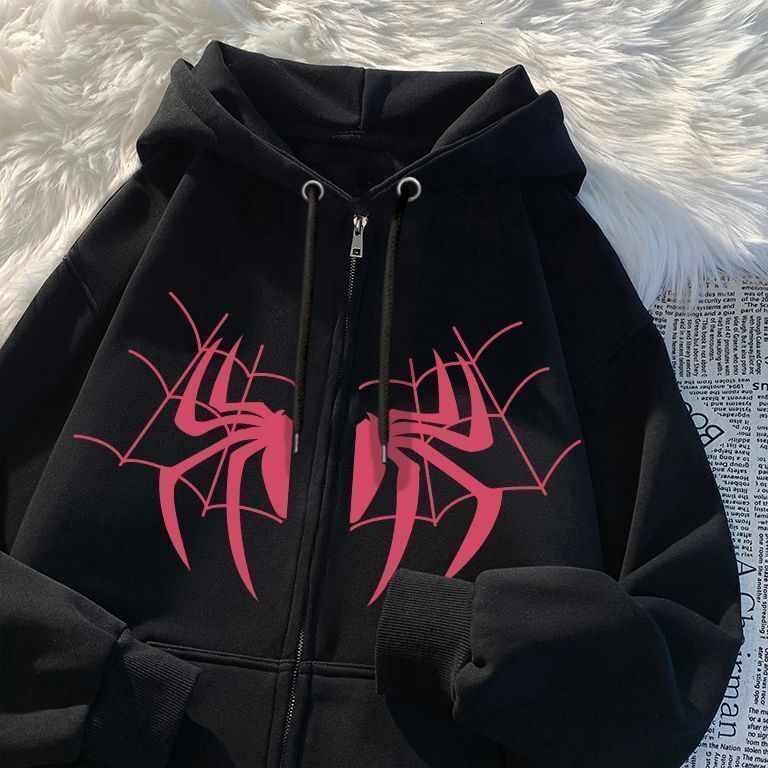 European and American Style Cool Unisex Fleece Hoodie for Men and Women Autumn Winter Spider Print Zipper Sports Outdoor Jacket