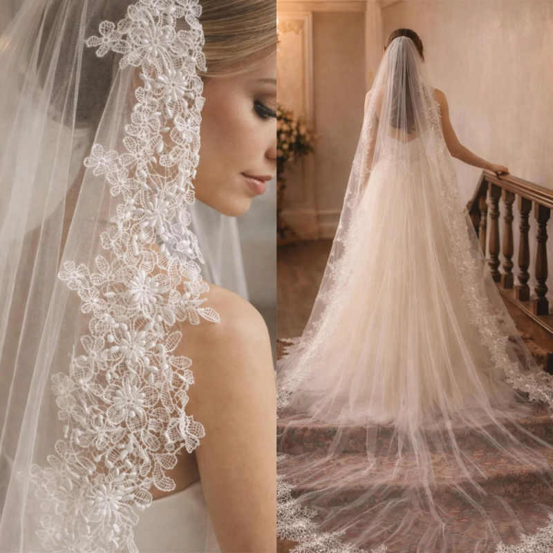 Elegant Bridal Veils 3M Cathedral Long With Comb One Layer Lace Appliques Edge Wedding Accessories velos de novia Customized