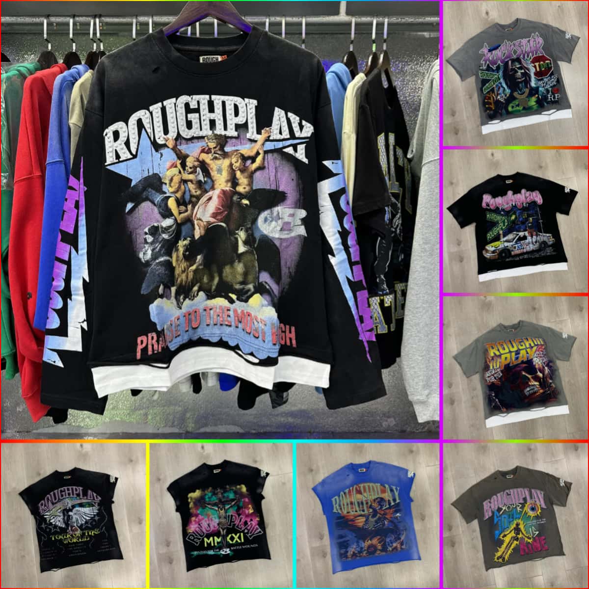 RoughPlay Fashion Men Shirt Designer T Shirt Hoodies Mens Fashion Street Trendy Car patchwork ripped washed short-sleeved shirt Oversized Shirts Us High Quality