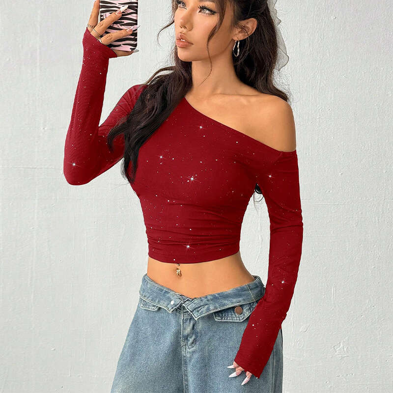 Cross-Border European and American Hot Girl Rhinestone Off-Shoulder Long Sleeve T-Shirt for Women 2026 Spring Export Ins Slim Fit Knitted Base Shirt