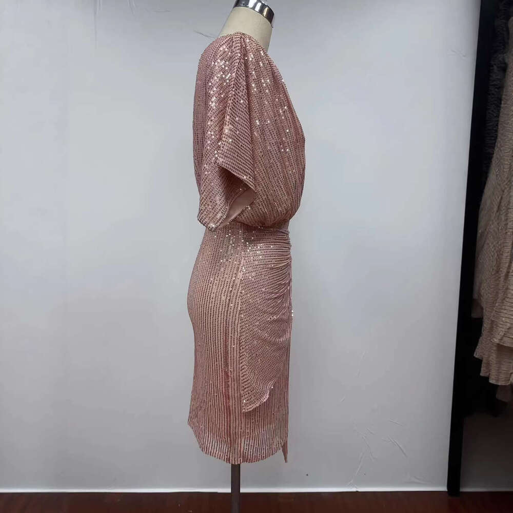 European and American Cross-Border Women's Party Club One-Shoulder Ribbon Toast Fashion Trendy Mesh Sequin Dress