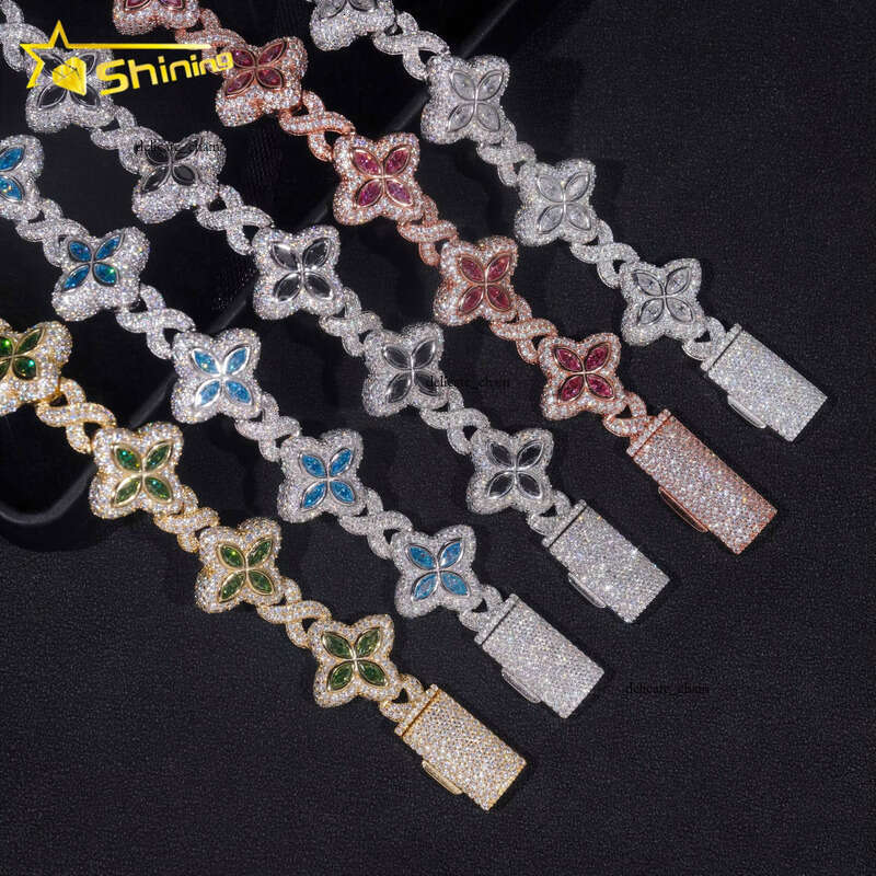 New Stock Pass VVS Moissanite Tester Silver 925 Gold Plated Hip Hop Jewelry Custom Colorful Silicon Stone Clover Cuban Bracelet