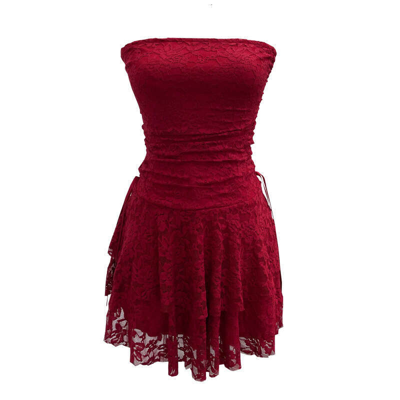 Real Shot Vintage Lace Patchwork Waist-Cinching Strapless Sexy Collarbone-Exposing Tiered Petite Short Dress 1272