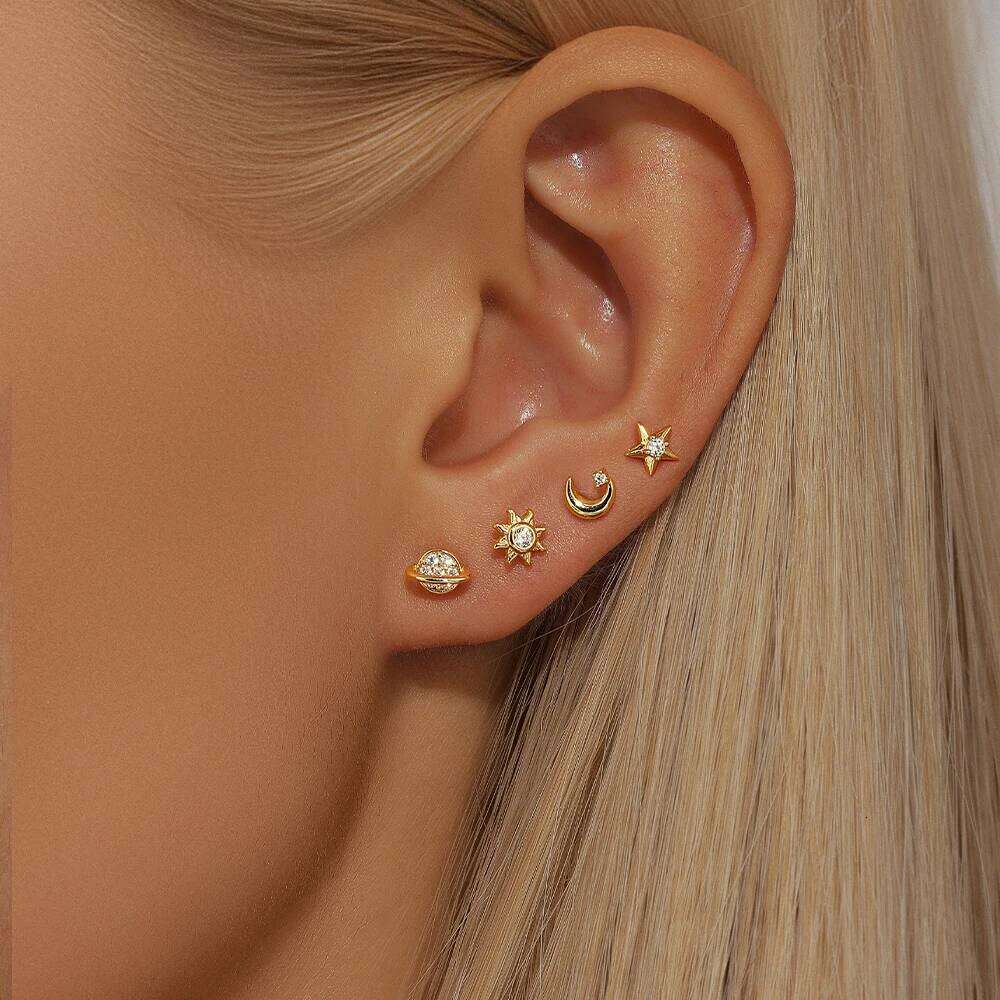 Aide 925 Sterling Silver Earring Set Planet/Star/Moon/Zircon 4Pieces Earrings For Women Piercing Wedding Party Fine Jewelry