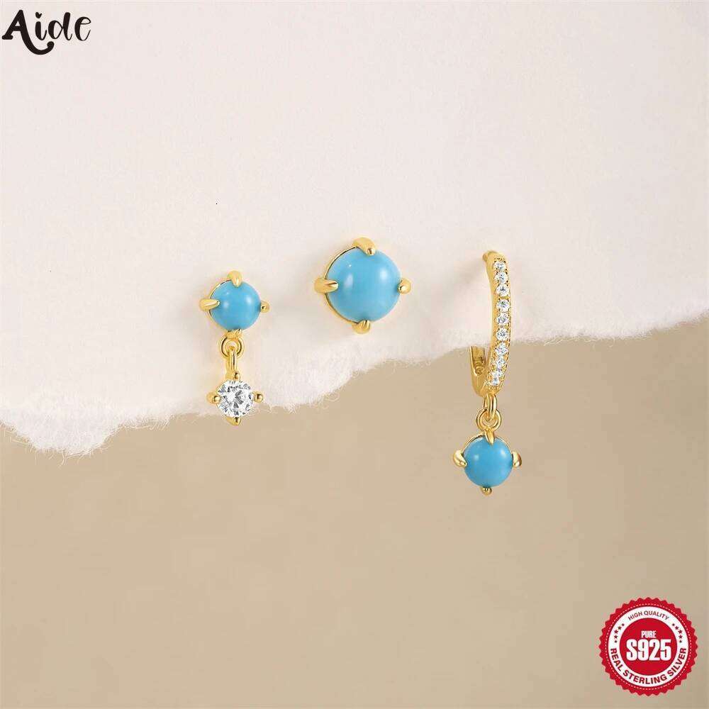 Aide 925 Sterling Silver Blue Turquoise Retro Style Set Handmake Piercing Earrings For Women Girls Accessories Jewelry