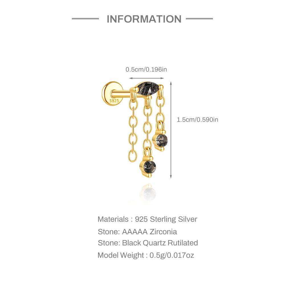 Aide New Stone Black Rutilated Quartz Flat Head Threaded 925 Sterling Silver Earring Rainbow Zircon Chain Ear Bone Studs