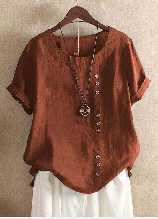2026 Summer Retro Solid Color Top Plus Size Casual Loose Button Cotton Linen Short Sleeve Pullover Round Neck T-Shirt Women's Clothing