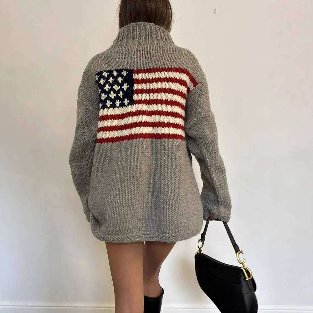 Y2k Flag Pattern Sweater Women Oversized Knit Pullover Vintage Streetwear Casual Warm Loose Fit Fall Jumper