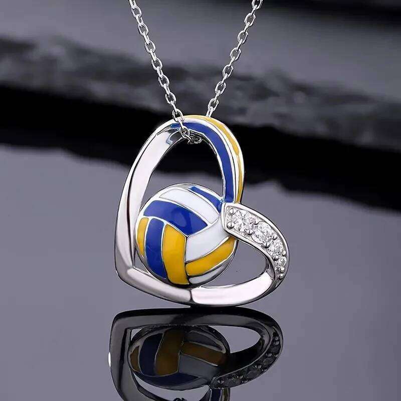 Huitan Trendy Volleyball Heart Pendant Necklace Teen Girls Accessories with Shiny Zirconia Fashion Female Daily Party Jewelry