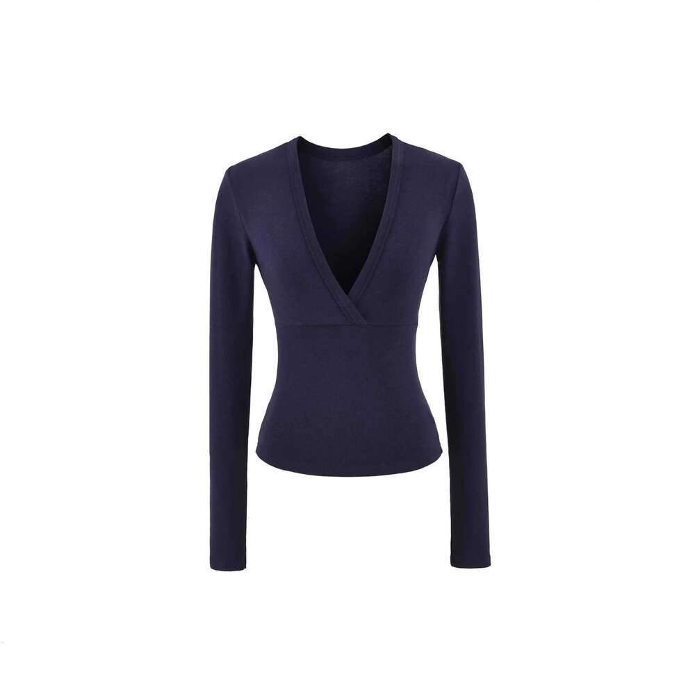 American Style Spicy Girl Subtle Deep V-Neck Waist-Cinching Long Sleeve T-Shirt for Women Autumn Stretchy Slim Fit Base Layer Slimming Inner Top