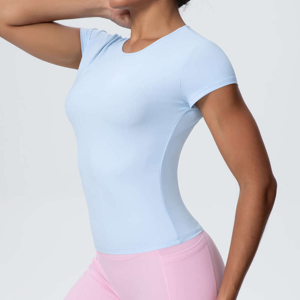 Cross-Border New Sports Nude Waist Slimming Short-Sleeved Breathable Yoga Wear T-Shirt Running Training Fitness Top Women