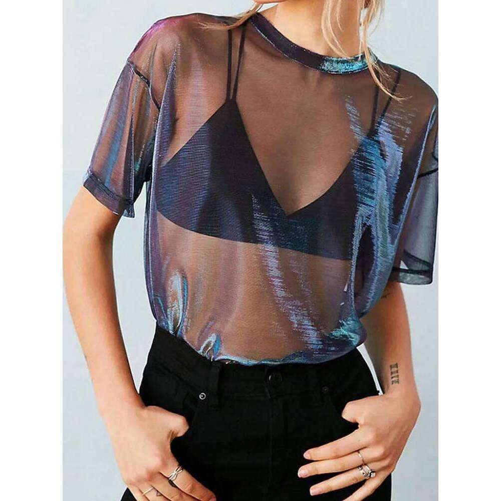 Sexy Mesh Blouse 2025 Summer See-Through Shirts Short Sleeve Perspective Shine Casual Women Tops Lady Vintage Blusas