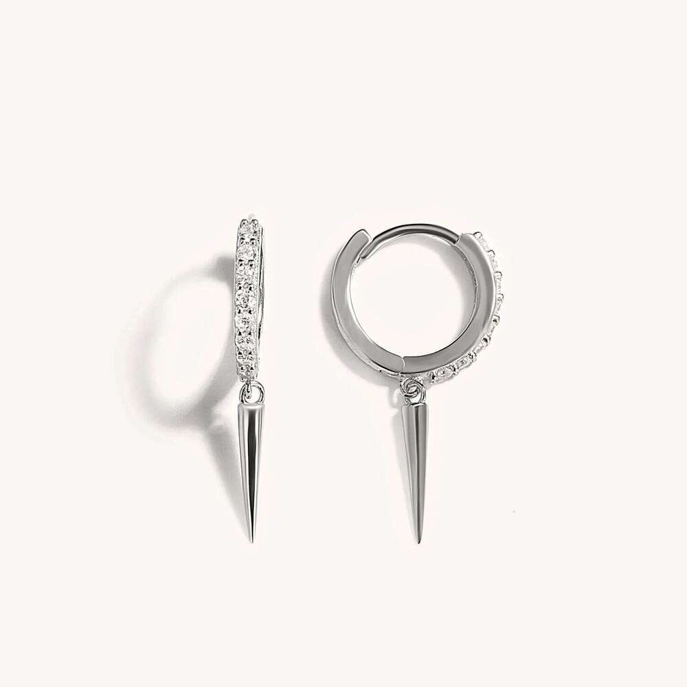 Aide 925 Sterling Silver Long Spike Cone Charm Dangle For Women Crimped White Zircons Set Circle Huggie Earrings Jewel