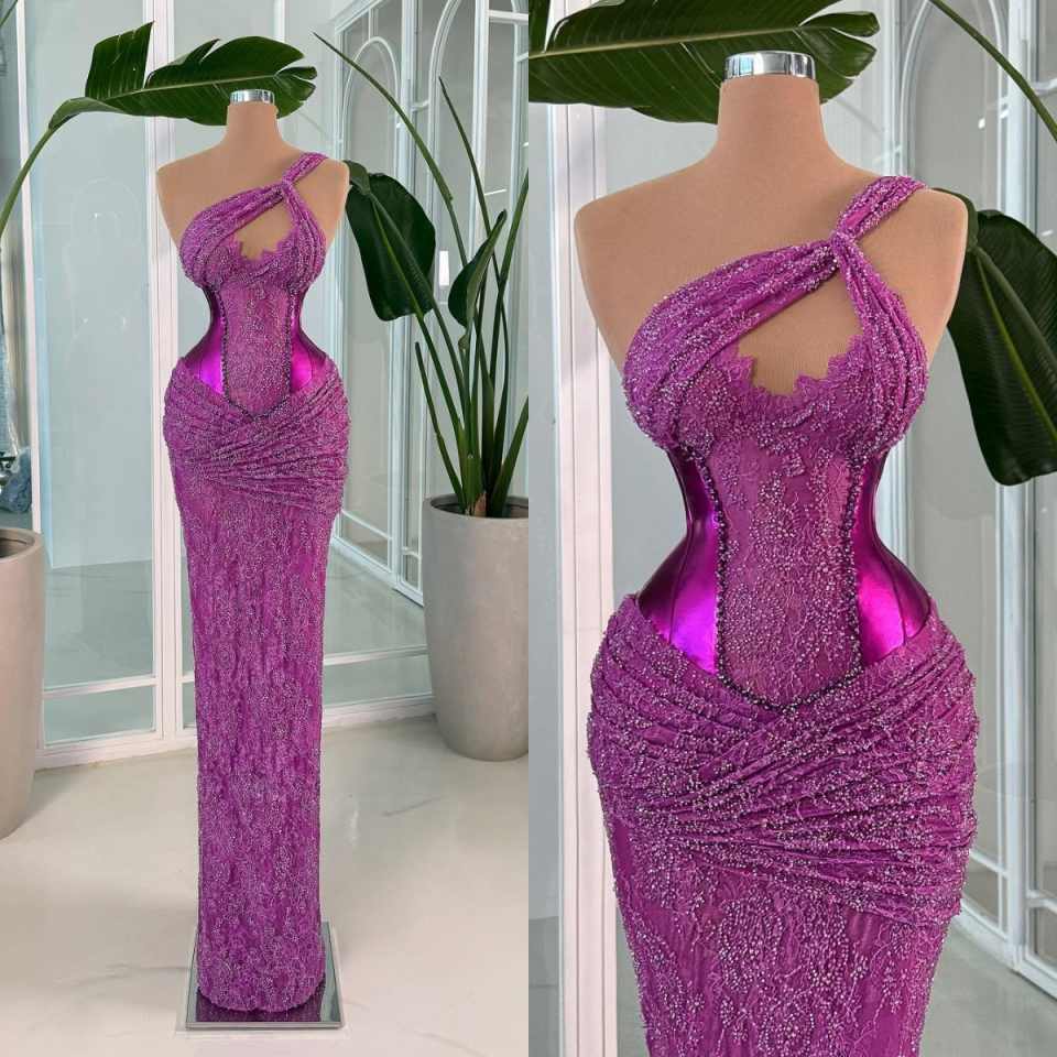 Elegant One Shoulder Mermaid Prom Gown Sexy Sleeveless Lace Satin Evening Dresses Floor Length Customized Party Dress