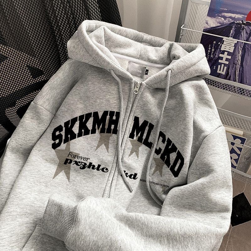 American Style Letter Print Hooded Zipper Sweatshirt for Women 2026 Autumn Winter Fleece Lined Thickened Design Loose Fit Jacket Top