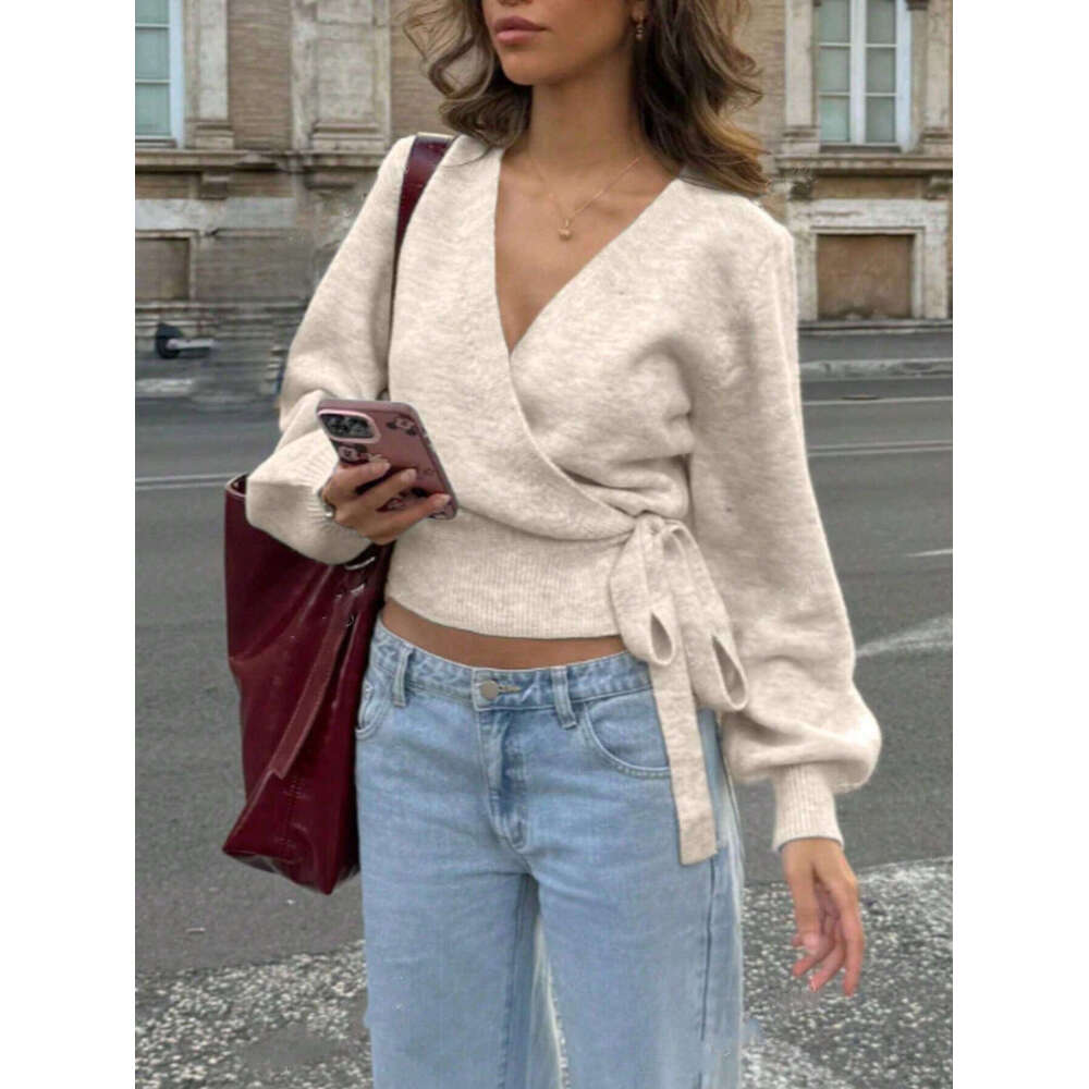 European and American Style Cross V-Neck Knitted Base Shirt Autumn Winter Irregular Tie Elegant Short Top for Women