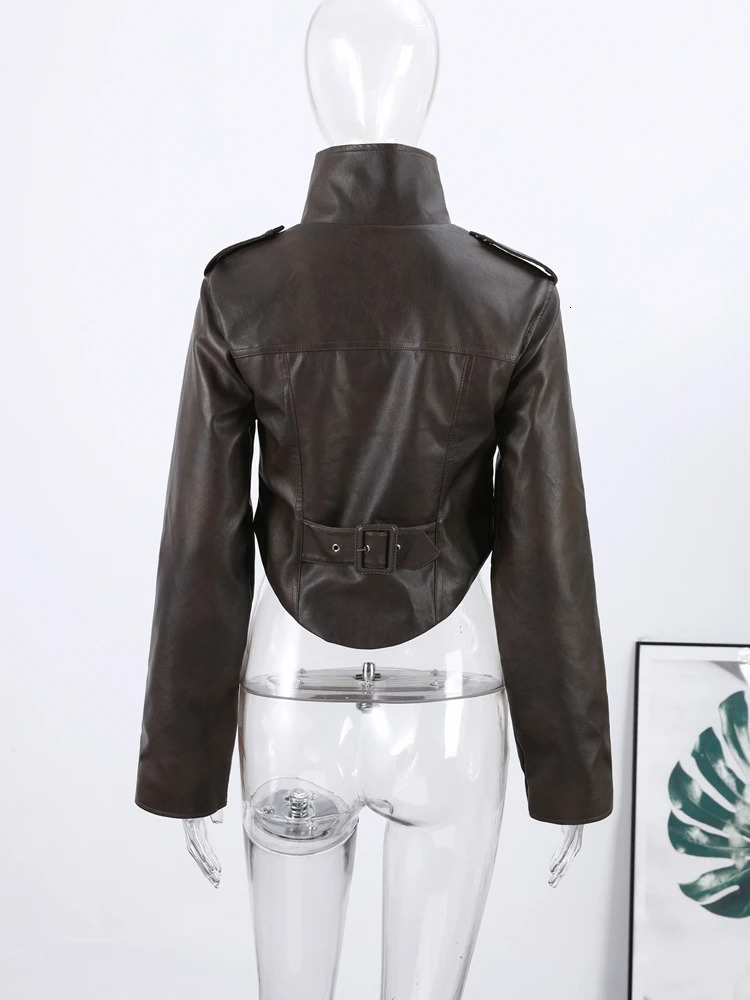 2026 Spring Womens Cropped PU Leather Jacket Stand Collar Long Sleeve Zipper Jackets Fashion Lady Retro Moto Biker Coat Outwear 251231