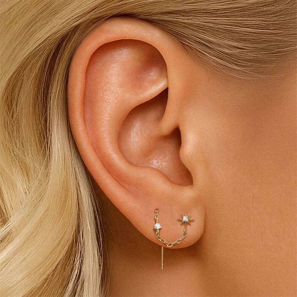 Aide 925 Sterling Silver Flower Zircon Long Tassel Drangle Earring For Women Luck Girls Four Leaf Clover Ear Studs arete Jewelly