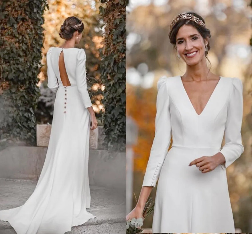 Long Sleeve Crepe Wedding Dress Modern Bohemian Elegant V Neck Open Back Front Split Beach Temple Bridal Gowns PSL012