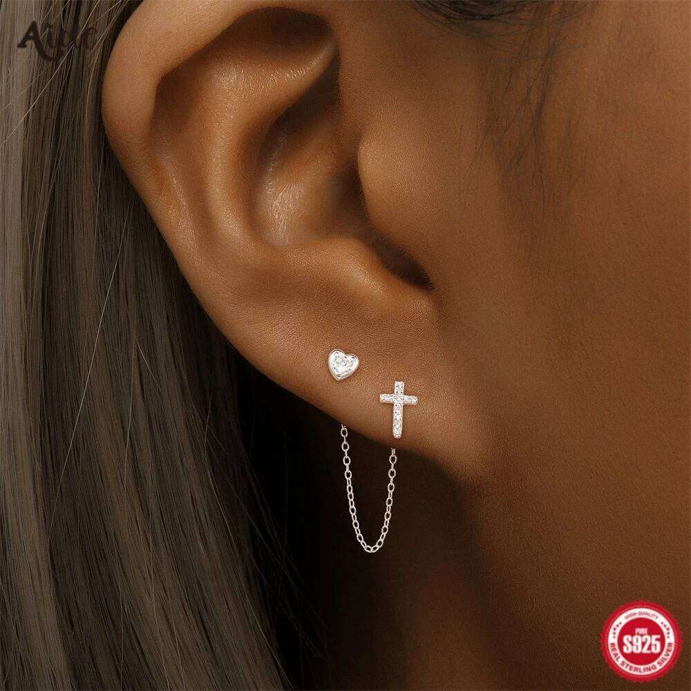 Aide 1pc 925 Sterling Silver Cross & Heart With Chain Two Stud Earrings For Women Hypoallergic Elegant Piercing Easter Jewelry