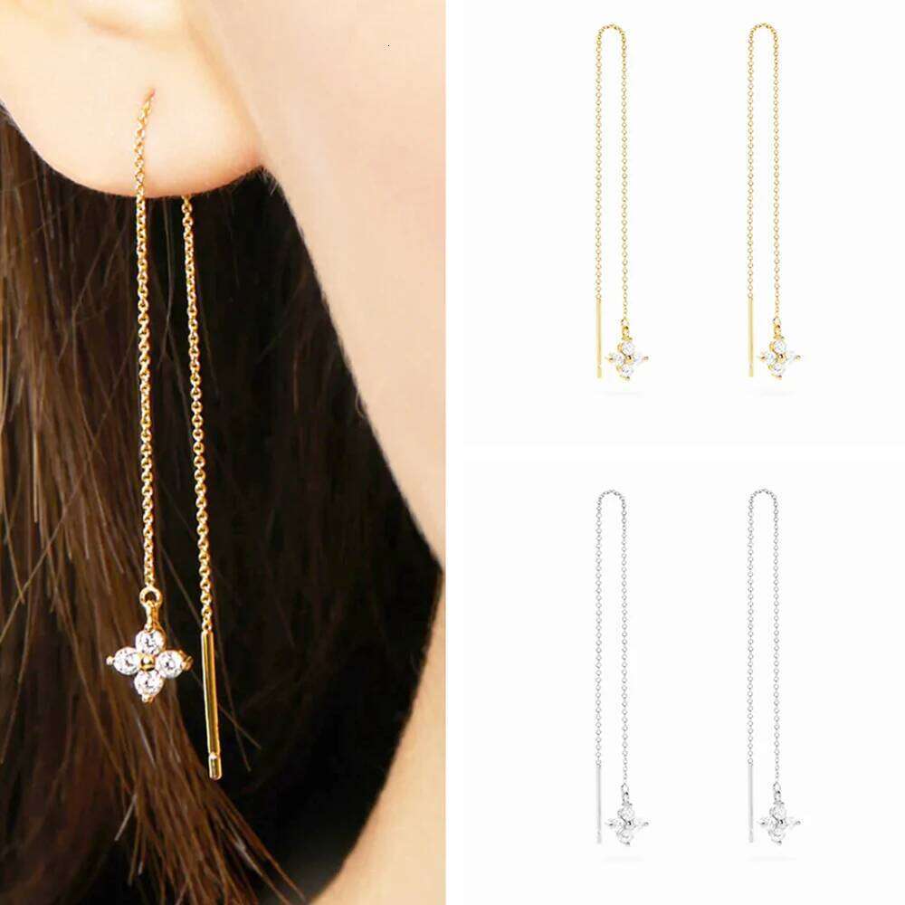 Aide Long Chain Tassel Four-leaf Zircon 925 Sterling Silver Drop For Women Minimalist 18K Gold Earrings Fine Jewelry